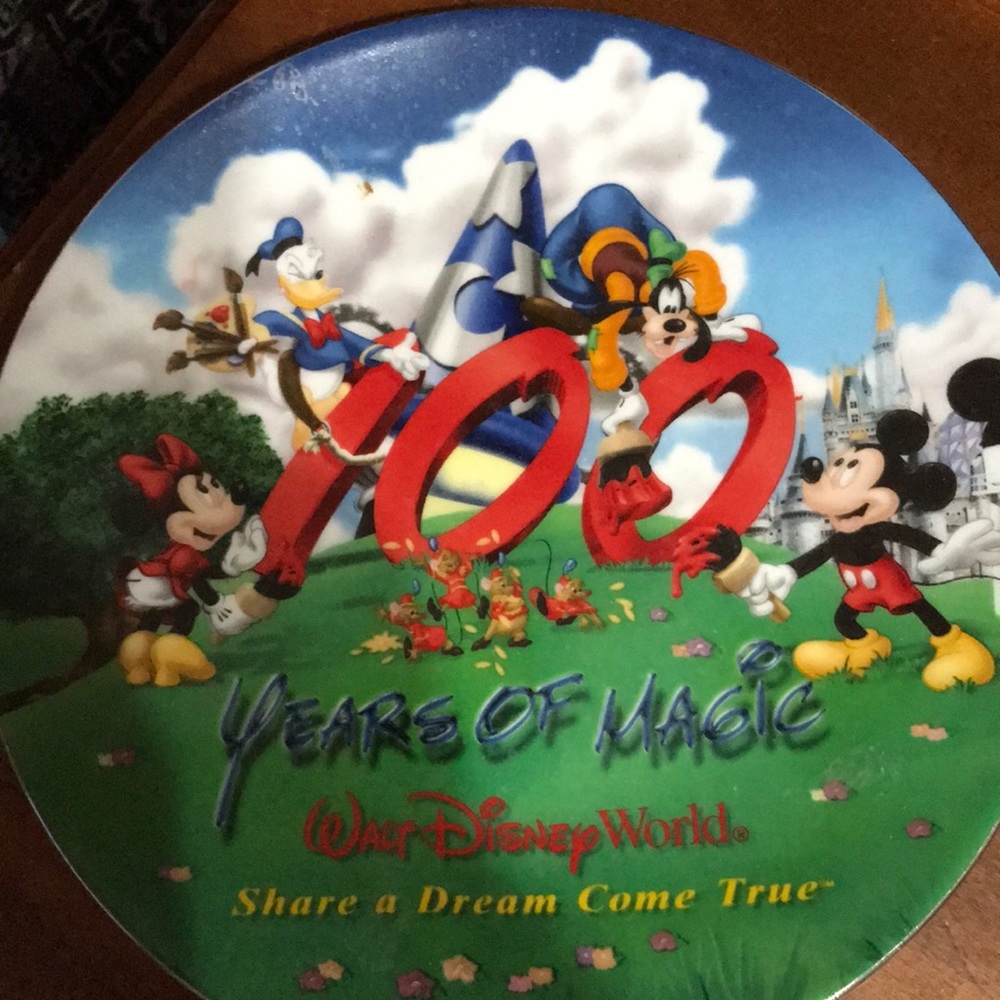 Disney 100 Years of Magic Round Collectible Plate - Red, Blue, Green, Yellow